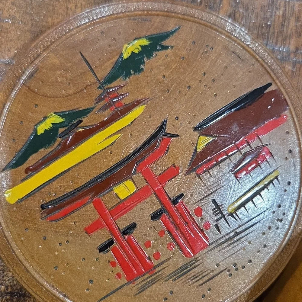 Vintage Japanese Handcrafted Wooden Coaster Set with Box